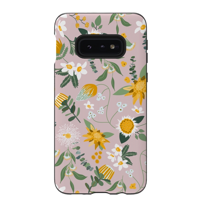Galaxy S10e StrongFit Stylized Australian Florals in Pink and Yellow by Paula Ohreen