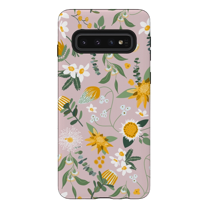 Galaxy S10 StrongFit Stylized Australian Florals in Pink and Yellow by Paula Ohreen