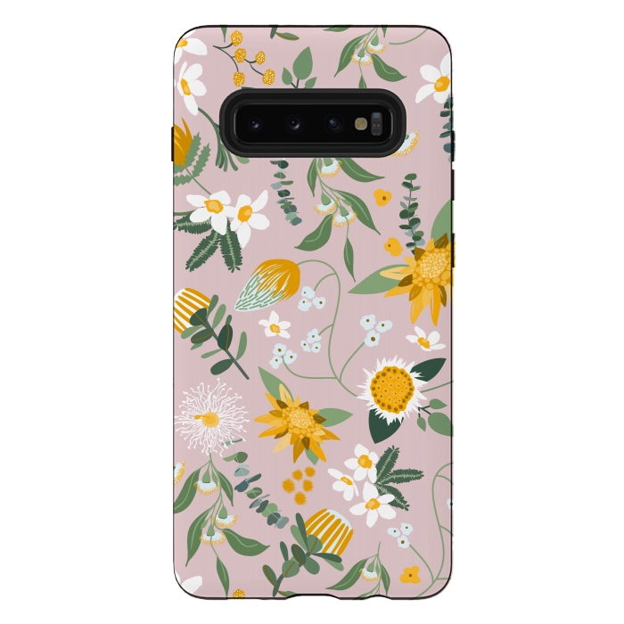 Galaxy S10 plus StrongFit Stylized Australian Florals in Pink and Yellow by Paula Ohreen