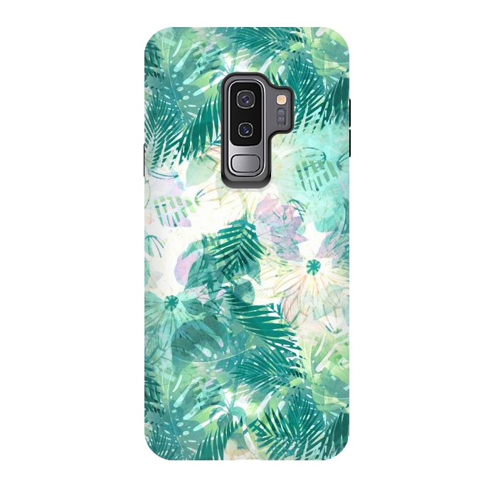 Galaxy S9 plus StrongFit Watercolor tropical leaves and flower petals by Oana 