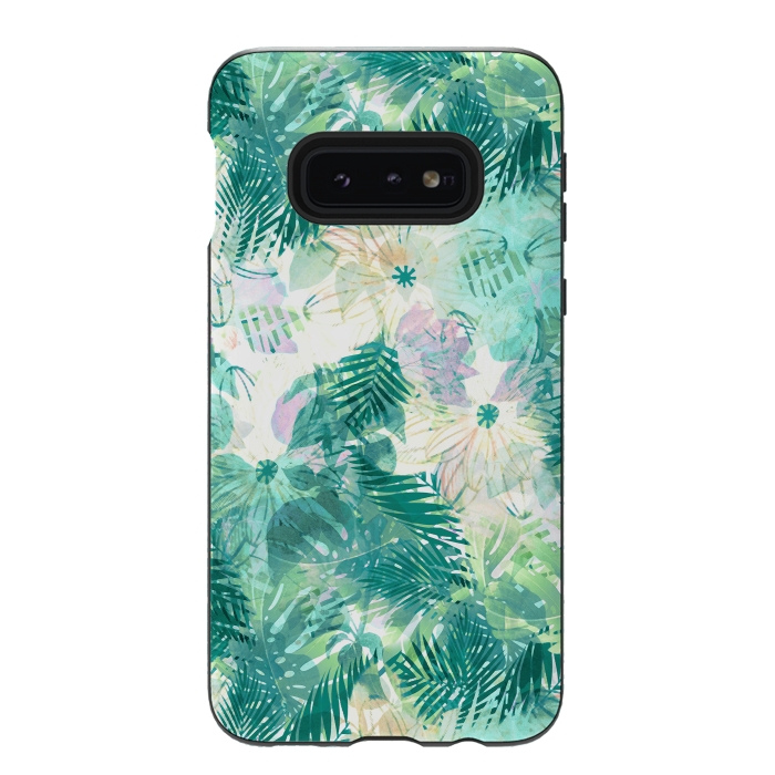 Galaxy S10e StrongFit Watercolor tropical leaves and flower petals by Oana 