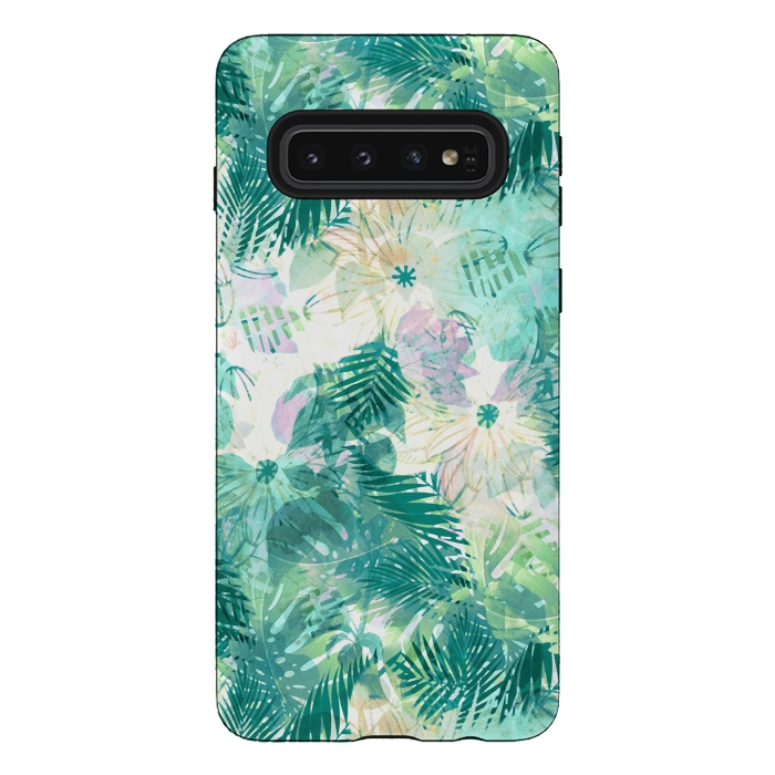 Galaxy S10 StrongFit Watercolor tropical leaves and flower petals by Oana 