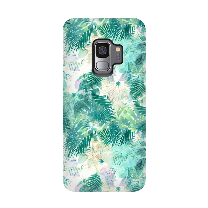 Galaxy S9 StrongFit Tropical leaves and white watercolor flowers by Oana 