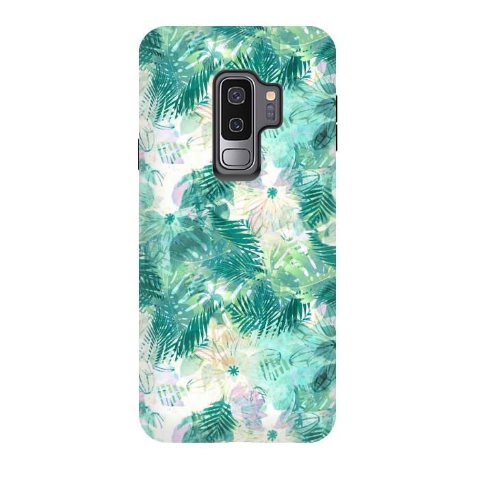 Galaxy S9 plus StrongFit Tropical leaves and white watercolor flowers by Oana 