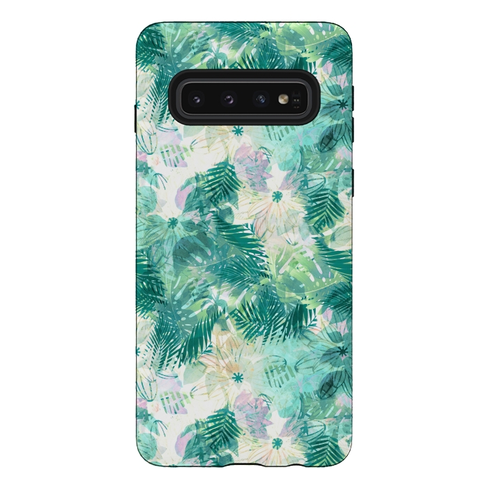 Galaxy S10 StrongFit Tropical leaves and white watercolor flowers by Oana 
