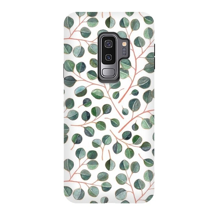 Galaxy S9 plus StrongFit Simple Silver Dollar Eucalyptus Leaves on White by Micklyn Le Feuvre