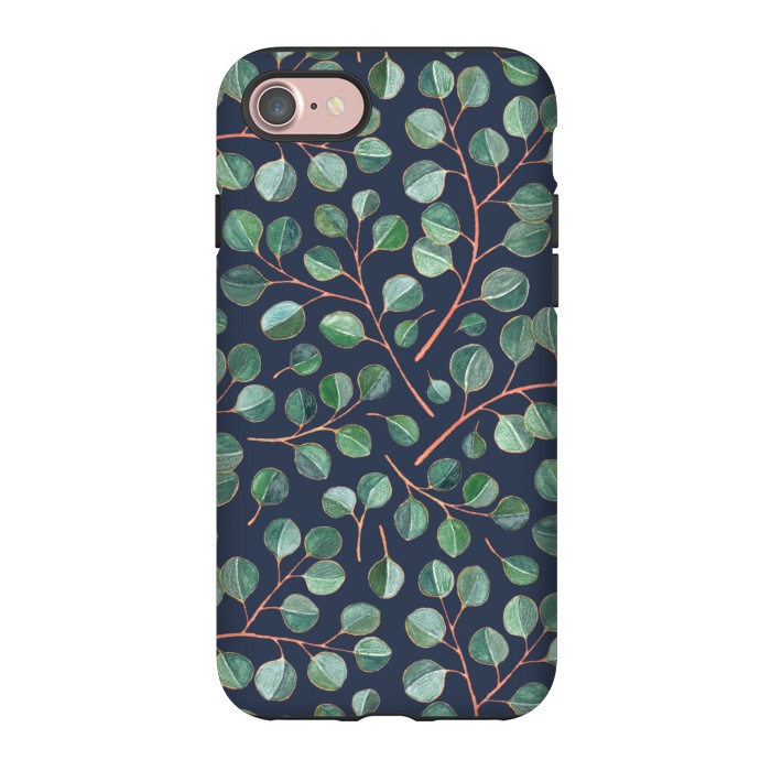 iPhone 7 StrongFit Simple Silver Dollar Eucalyptus Leaves on Navy Blue  by Micklyn Le Feuvre