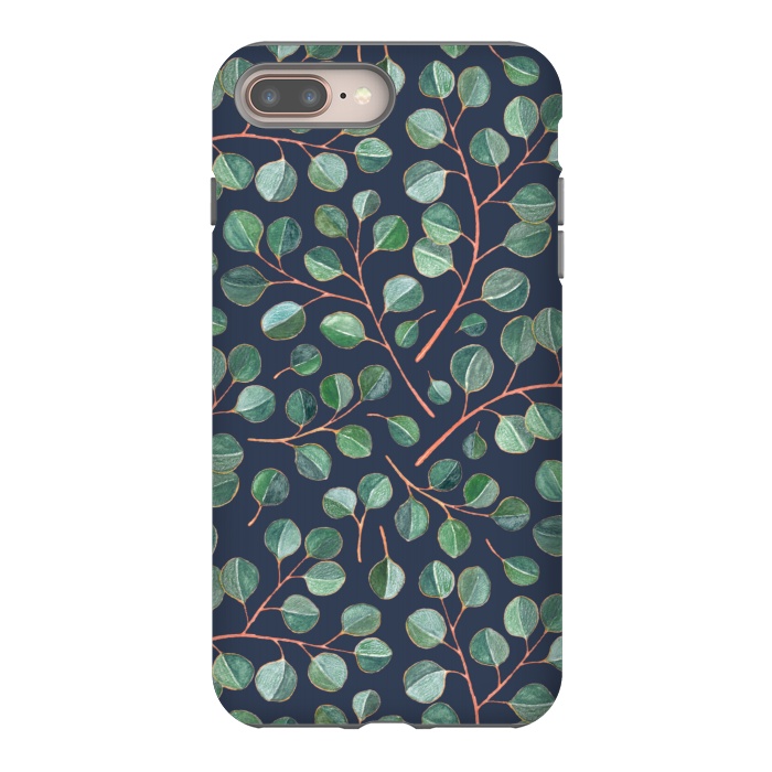 iPhone 7 plus StrongFit Simple Silver Dollar Eucalyptus Leaves on Navy Blue  by Micklyn Le Feuvre