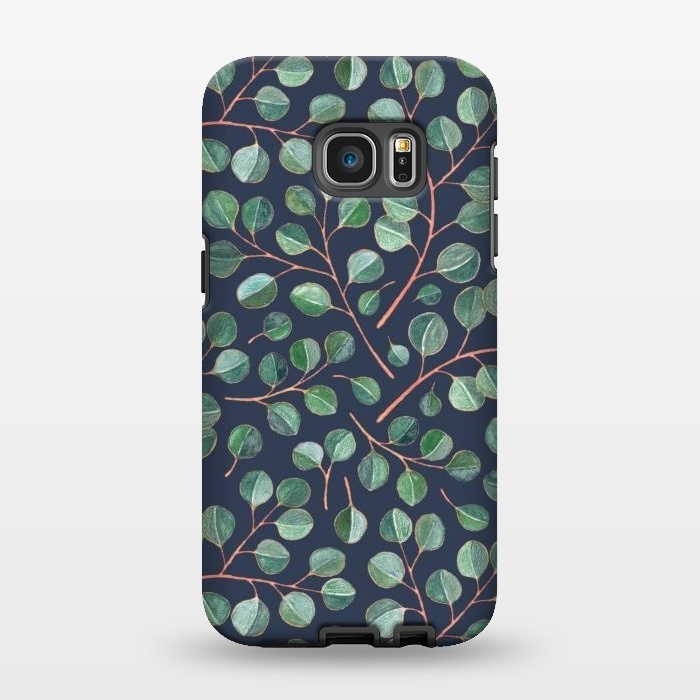 Galaxy S7 EDGE StrongFit Simple Silver Dollar Eucalyptus Leaves on Navy Blue  by Micklyn Le Feuvre