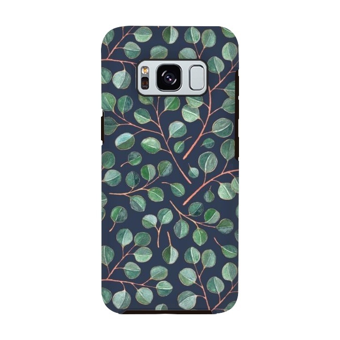 Galaxy S8 StrongFit Simple Silver Dollar Eucalyptus Leaves on Navy Blue  by Micklyn Le Feuvre