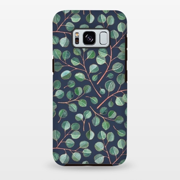 Galaxy S8 plus StrongFit Simple Silver Dollar Eucalyptus Leaves on Navy Blue  by Micklyn Le Feuvre