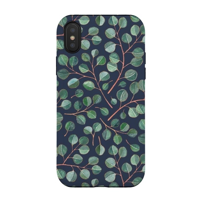iPhone Xs / X StrongFit Simple Silver Dollar Eucalyptus Leaves on Navy Blue  by Micklyn Le Feuvre