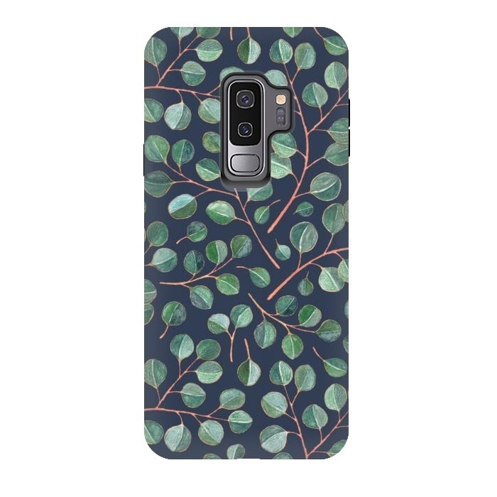 Galaxy S9 plus StrongFit Simple Silver Dollar Eucalyptus Leaves on Navy Blue  by Micklyn Le Feuvre