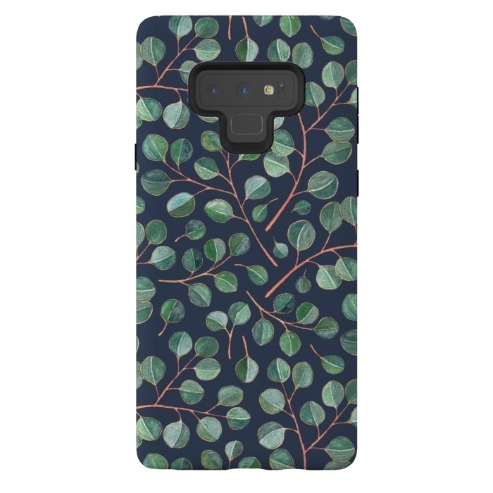 Galaxy Note 9 StrongFit Simple Silver Dollar Eucalyptus Leaves on Navy Blue  by Micklyn Le Feuvre
