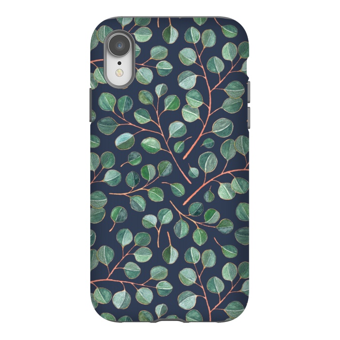 iPhone Xr StrongFit Simple Silver Dollar Eucalyptus Leaves on Navy Blue  by Micklyn Le Feuvre