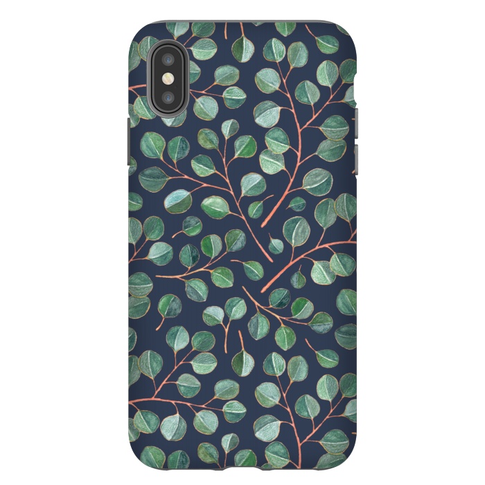 iPhone Xs Max StrongFit Simple Silver Dollar Eucalyptus Leaves on Navy Blue  by Micklyn Le Feuvre