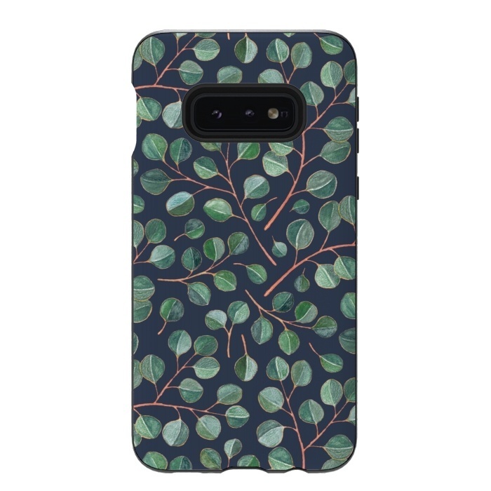 Galaxy S10e StrongFit Simple Silver Dollar Eucalyptus Leaves on Navy Blue  by Micklyn Le Feuvre