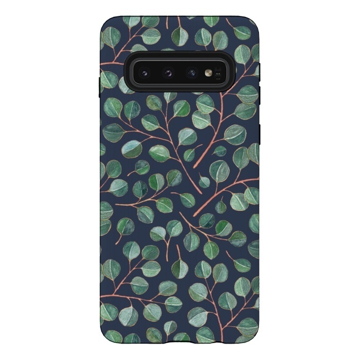 Galaxy S10 StrongFit Simple Silver Dollar Eucalyptus Leaves on Navy Blue  by Micklyn Le Feuvre