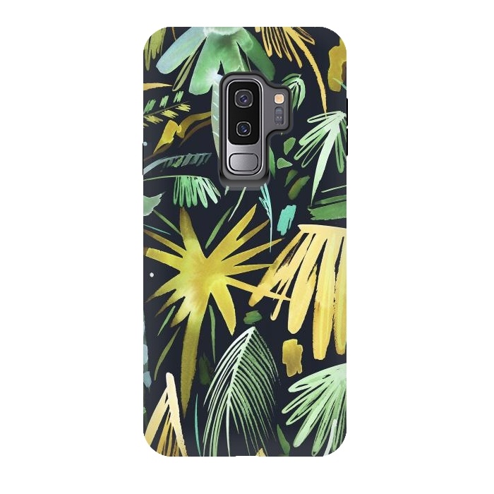 Galaxy S9 plus StrongFit Brushstrokes Palms Neon Gold by Ninola Design