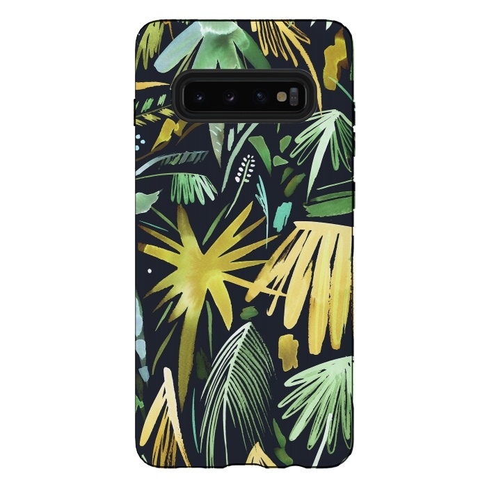 Galaxy S10 plus StrongFit Brushstrokes Palms Neon Gold by Ninola Design