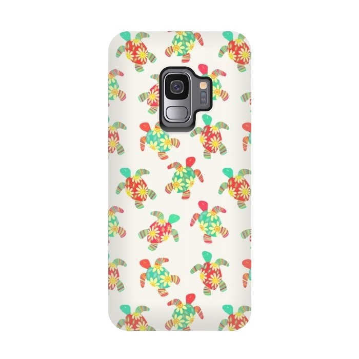 Galaxy S9 StrongFit Cute Flower Child Hippy Turtles on Cream  by Micklyn Le Feuvre
