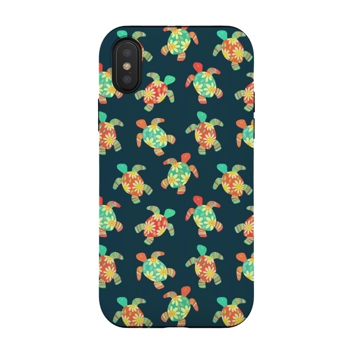 iPhone Xs / X StrongFit Cute Flower Child Hippy Turtles on Dark by Micklyn Le Feuvre