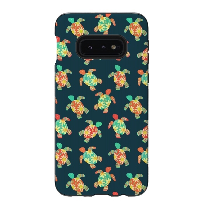 Galaxy S10e StrongFit Cute Flower Child Hippy Turtles on Dark by Micklyn Le Feuvre