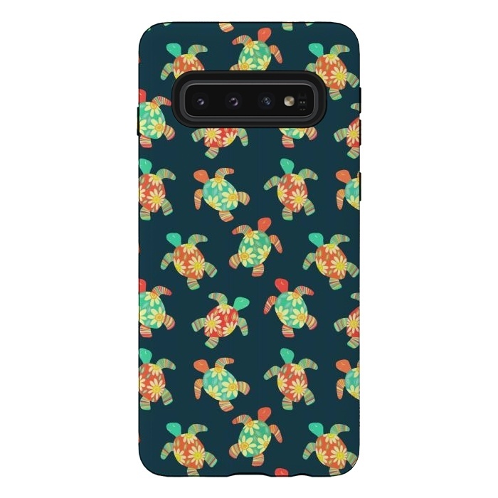 Galaxy S10 StrongFit Cute Flower Child Hippy Turtles on Dark by Micklyn Le Feuvre