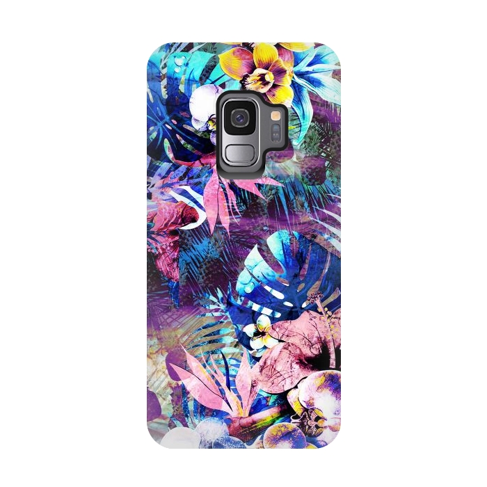 Galaxy S9 StrongFit Colorful psychedelic tropical flowers and leaves by Oana 
