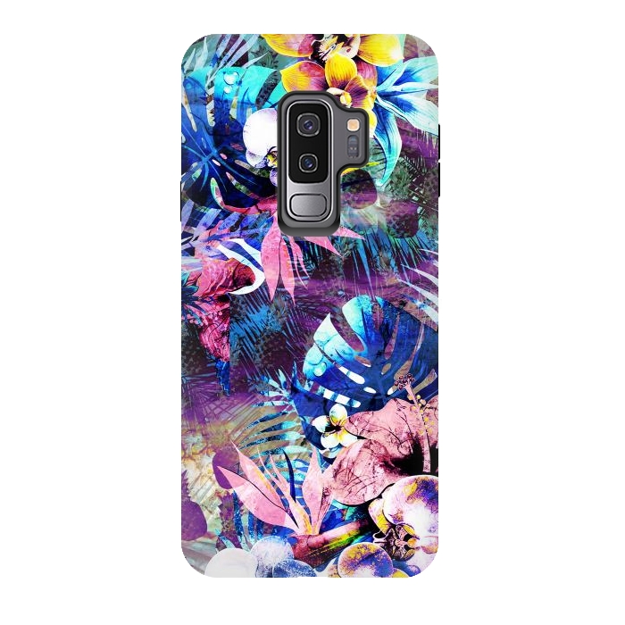 Galaxy S9 plus StrongFit Colorful psychedelic tropical flowers and leaves by Oana 