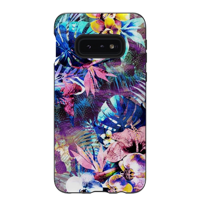 Galaxy S10e StrongFit Colorful psychedelic tropical flowers and leaves by Oana 