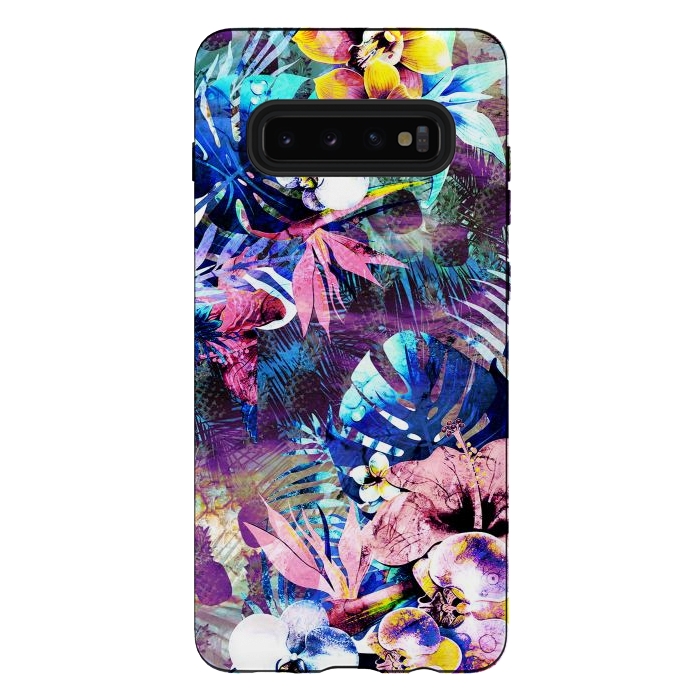 Galaxy S10 plus StrongFit Colorful psychedelic tropical flowers and leaves by Oana 