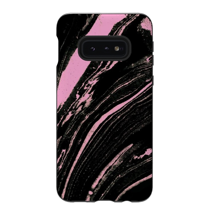 Galaxy S10e StrongFit Black marble with neon pink stripes by Oana 