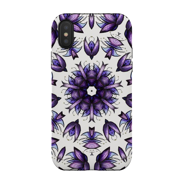 iPhone Xs / X StrongFit Abstract Lotus Flower Kaleidoscopic Mandala Pattern In Blue Violet by Boriana Giormova