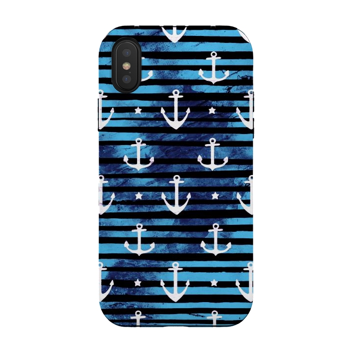 iPhone Xs / X StrongFit Nautical anchors and stripes pattern by Oana 