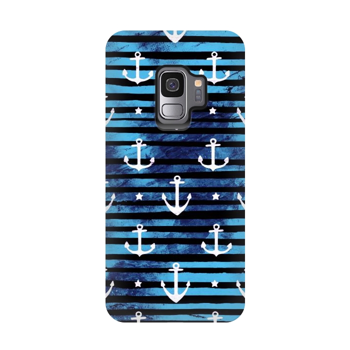 Galaxy S9 StrongFit Nautical anchors and stripes pattern by Oana 