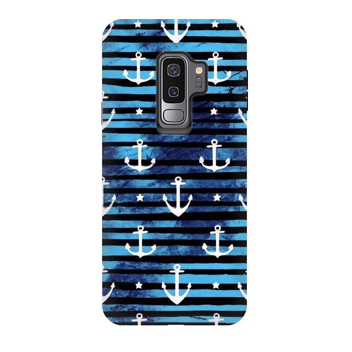Galaxy S9 plus StrongFit Nautical anchors and stripes pattern by Oana 