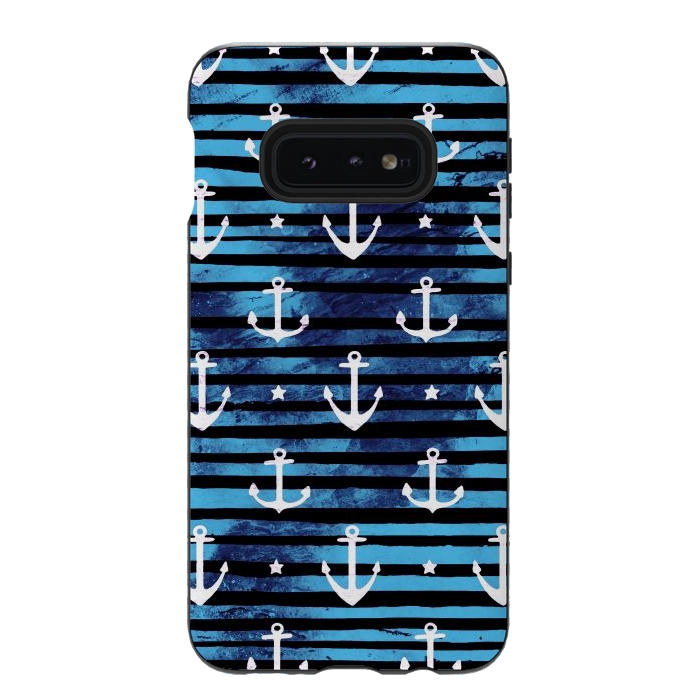 Galaxy S10e StrongFit Nautical anchors and stripes pattern by Oana 