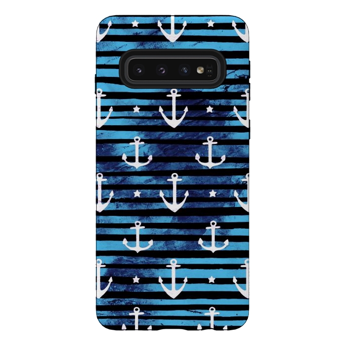 Galaxy S10 StrongFit Nautical anchors and stripes pattern by Oana 