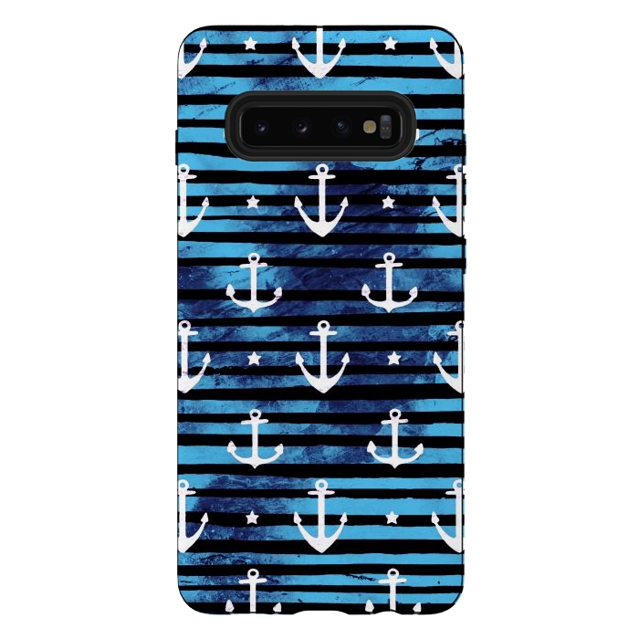 Galaxy S10 plus StrongFit Nautical anchors and stripes pattern by Oana 