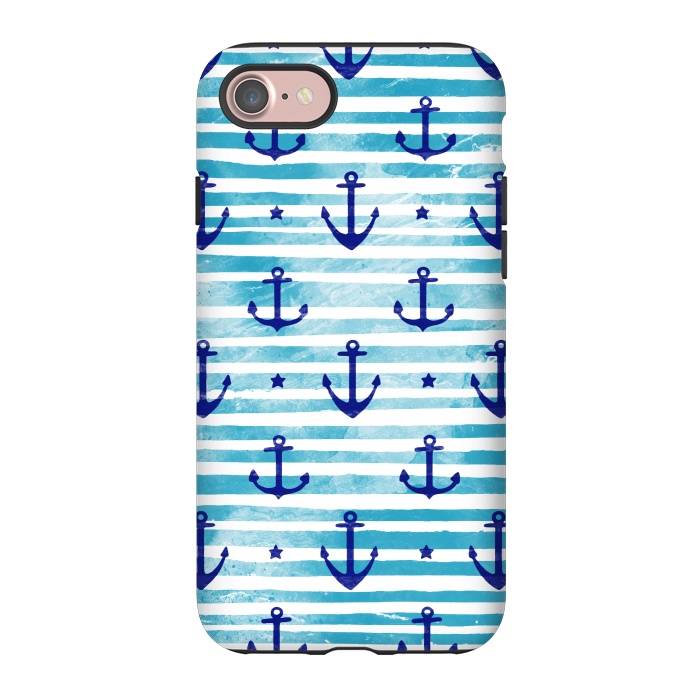 iPhone 7 StrongFit Blue watercolor anchors and stripes nautical pattern by Oana 