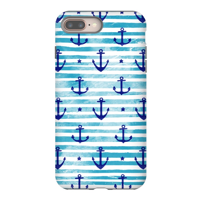 iPhone 7 plus StrongFit Blue watercolor anchors and stripes nautical pattern by Oana 