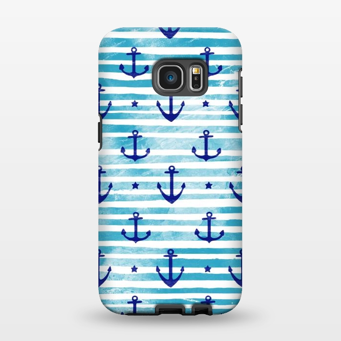 Galaxy S7 EDGE StrongFit Blue watercolor anchors and stripes nautical pattern by Oana 