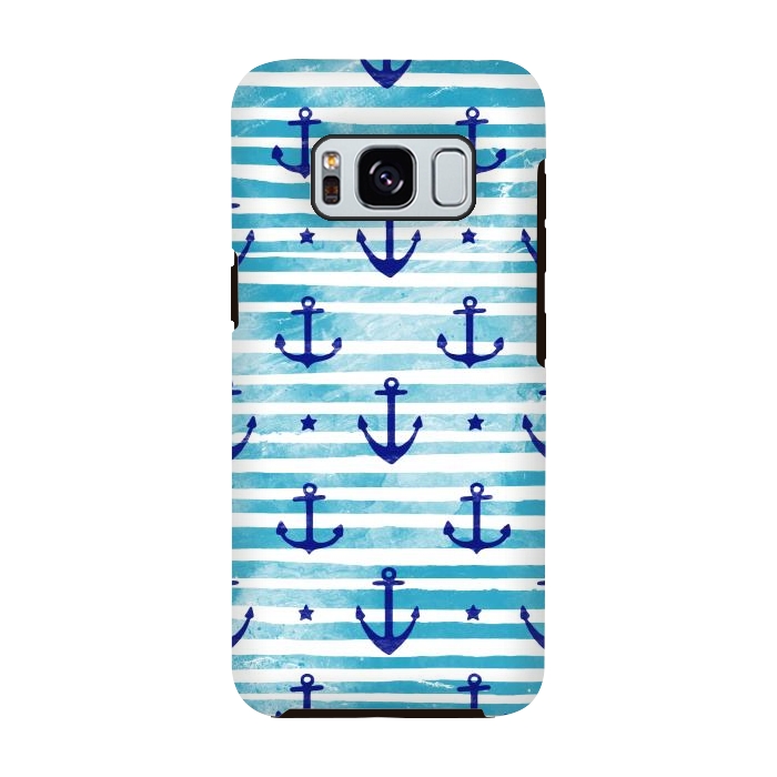Galaxy S8 StrongFit Blue watercolor anchors and stripes nautical pattern by Oana 