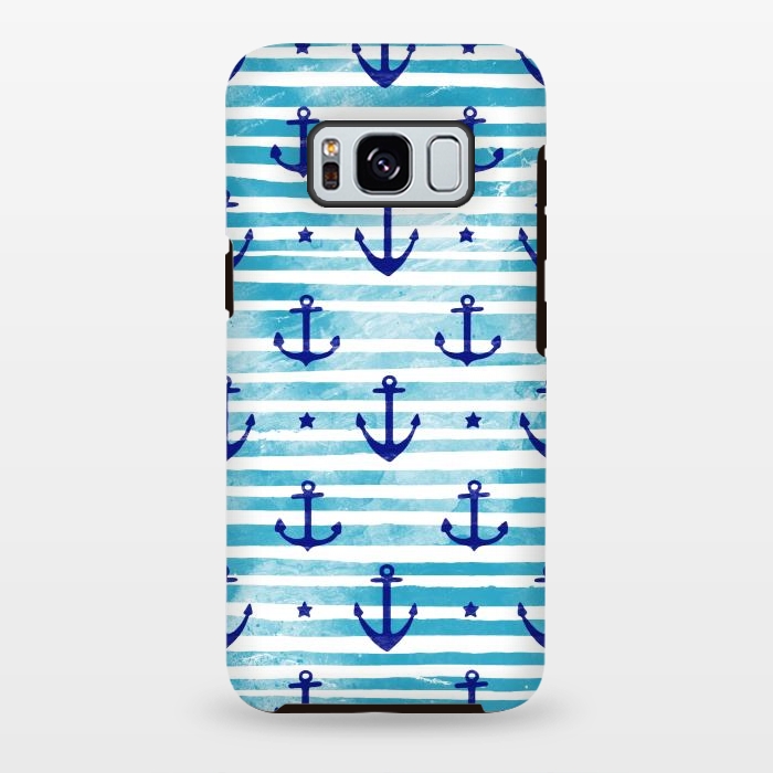 Galaxy S8 plus StrongFit Blue watercolor anchors and stripes nautical pattern by Oana 