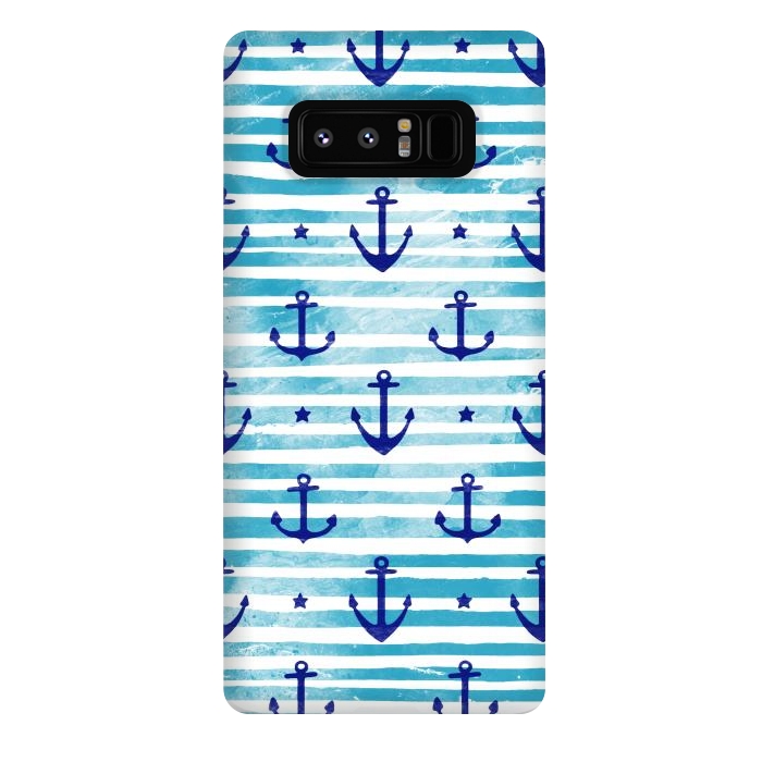Galaxy Note 8 StrongFit Blue watercolor anchors and stripes nautical pattern by Oana 