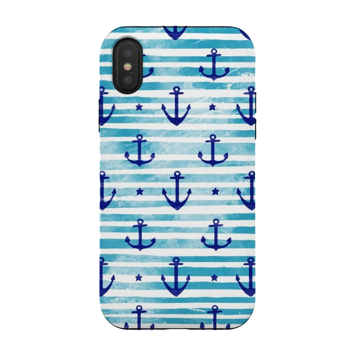 iPhone Xs / X StrongFit Blue watercolor anchors and stripes nautical pattern by Oana 