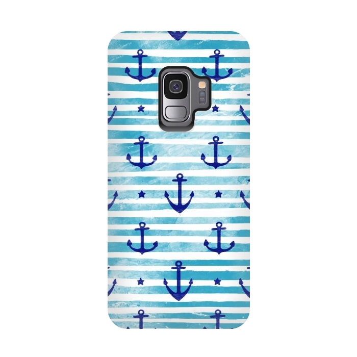 Galaxy S9 StrongFit Blue watercolor anchors and stripes nautical pattern by Oana 