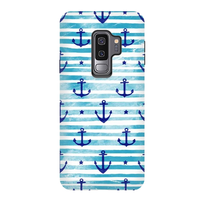 Galaxy S9 plus StrongFit Blue watercolor anchors and stripes nautical pattern by Oana 