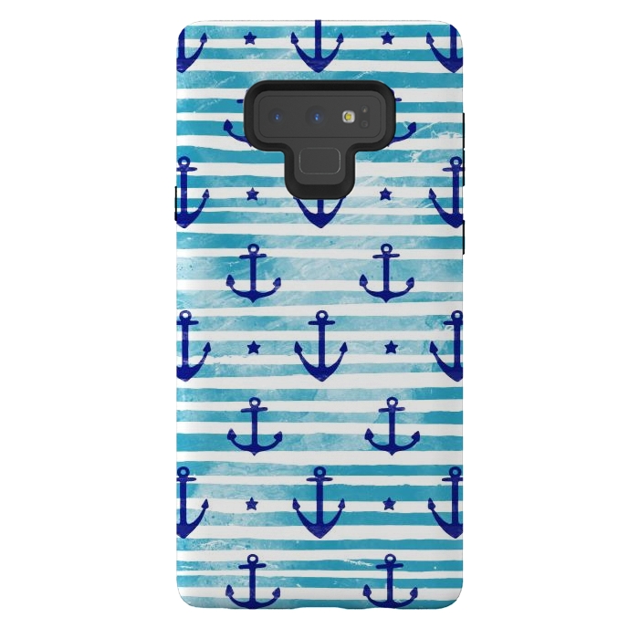 Galaxy Note 9 StrongFit Blue watercolor anchors and stripes nautical pattern by Oana 
